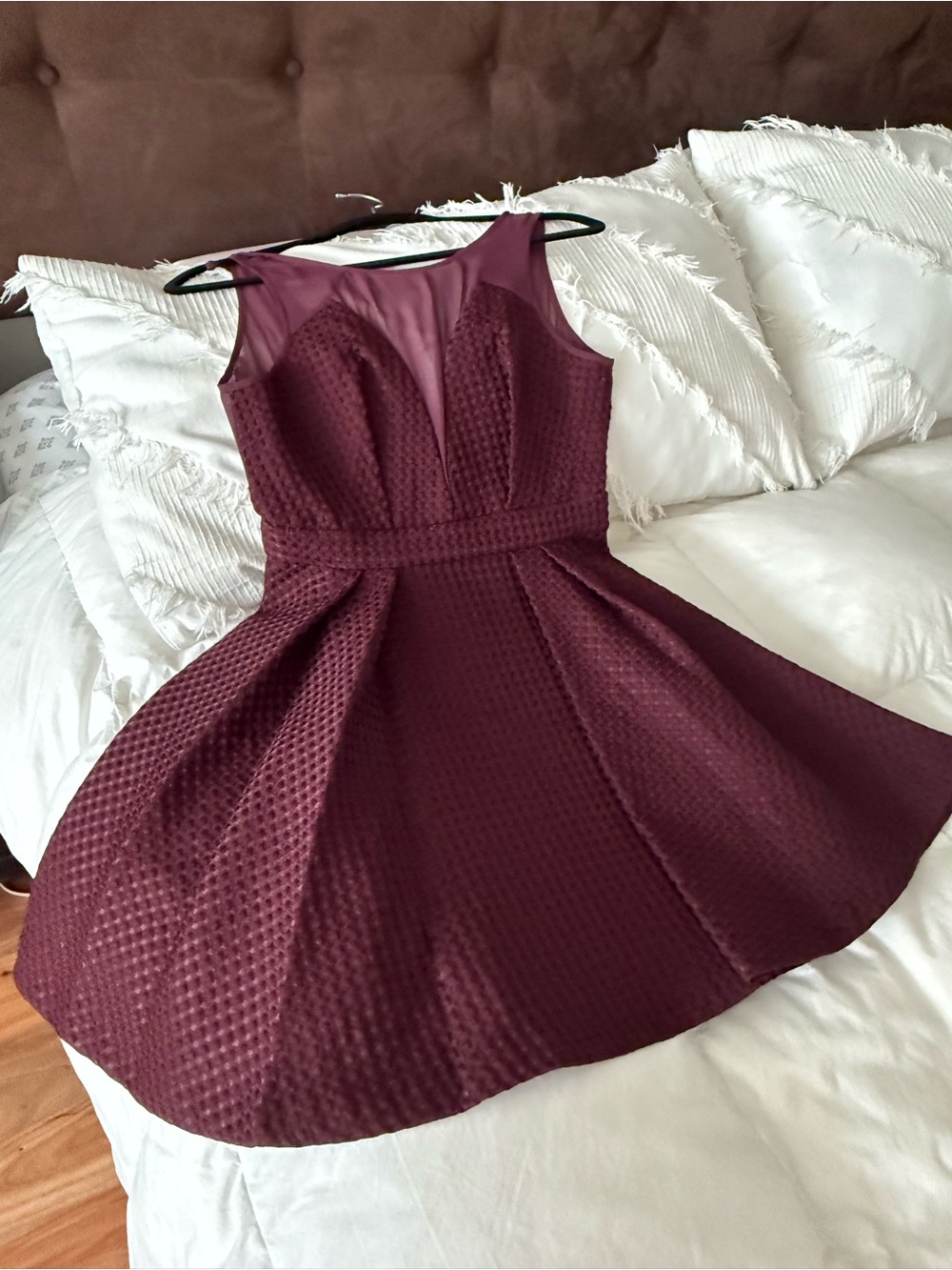 BCBGeneration Burgundy Sleeveless Mesh Yoke Fit & Flare Dress